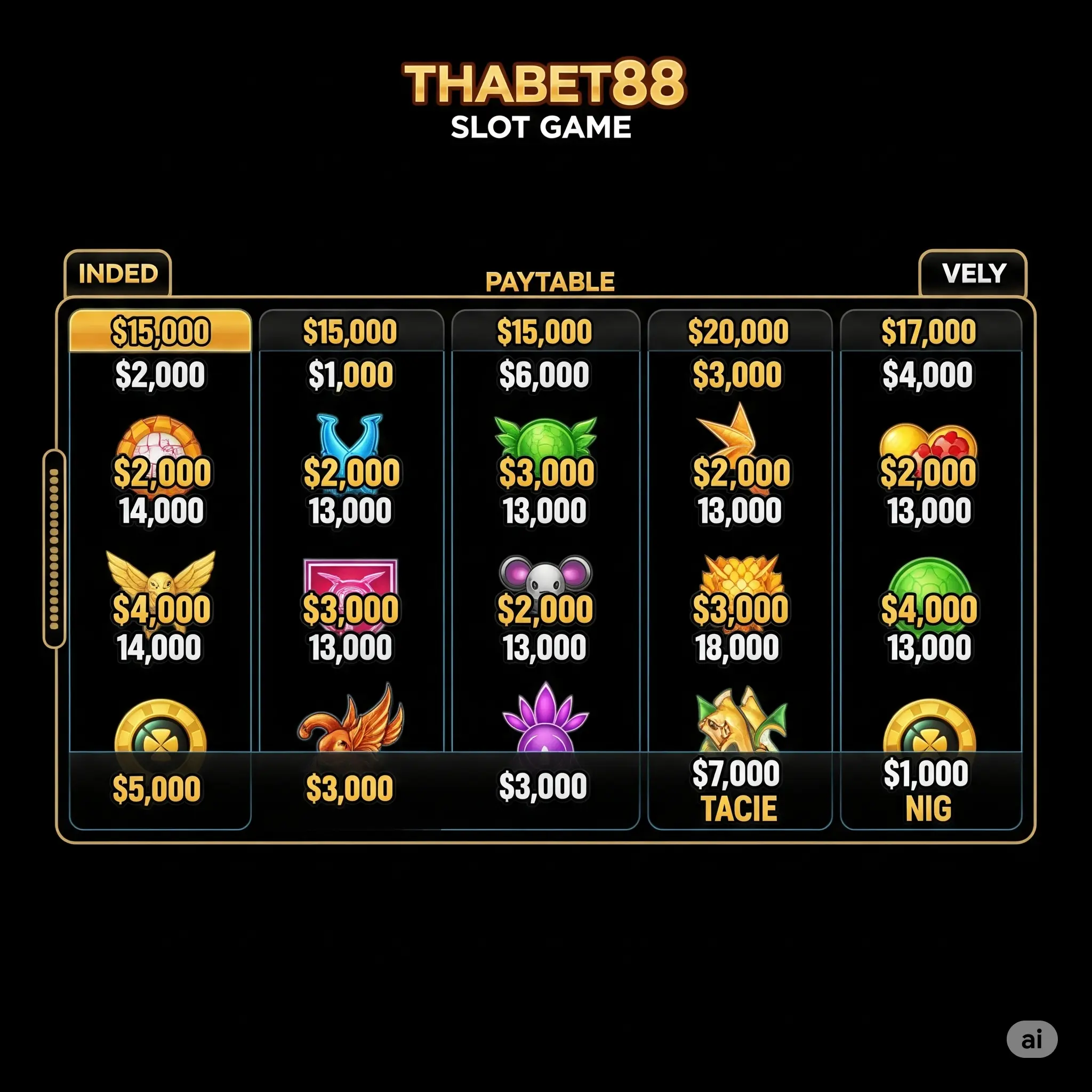 Hình ảnh bảng thanh toán của một game nổ hũ Thabet88, hiển thị giá trị các biểu tượng.