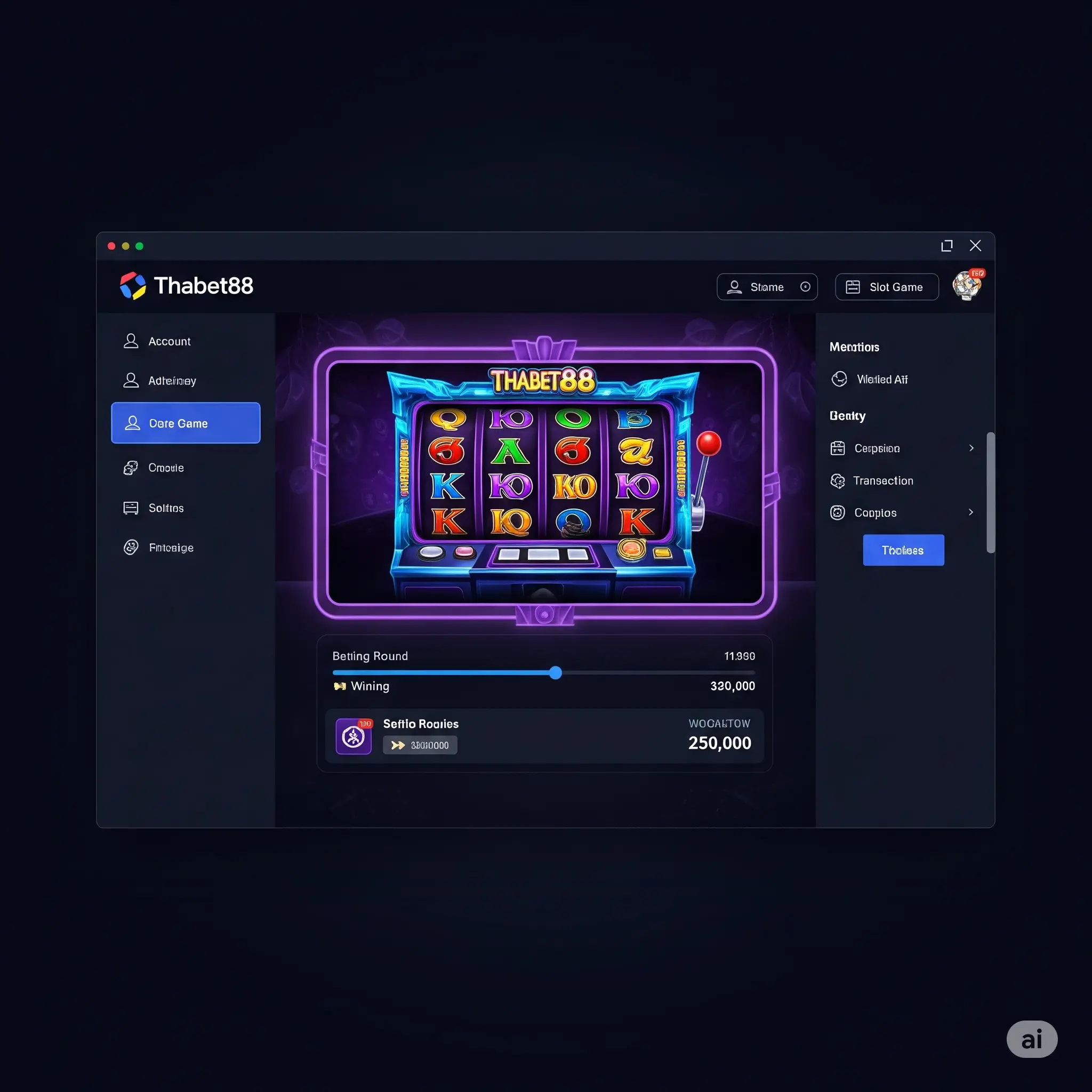 Hình ảnh về giao diện game nổ hũ Thabet88 trên máy tính, hiển thị các dòng thanh toán và guồng quay.