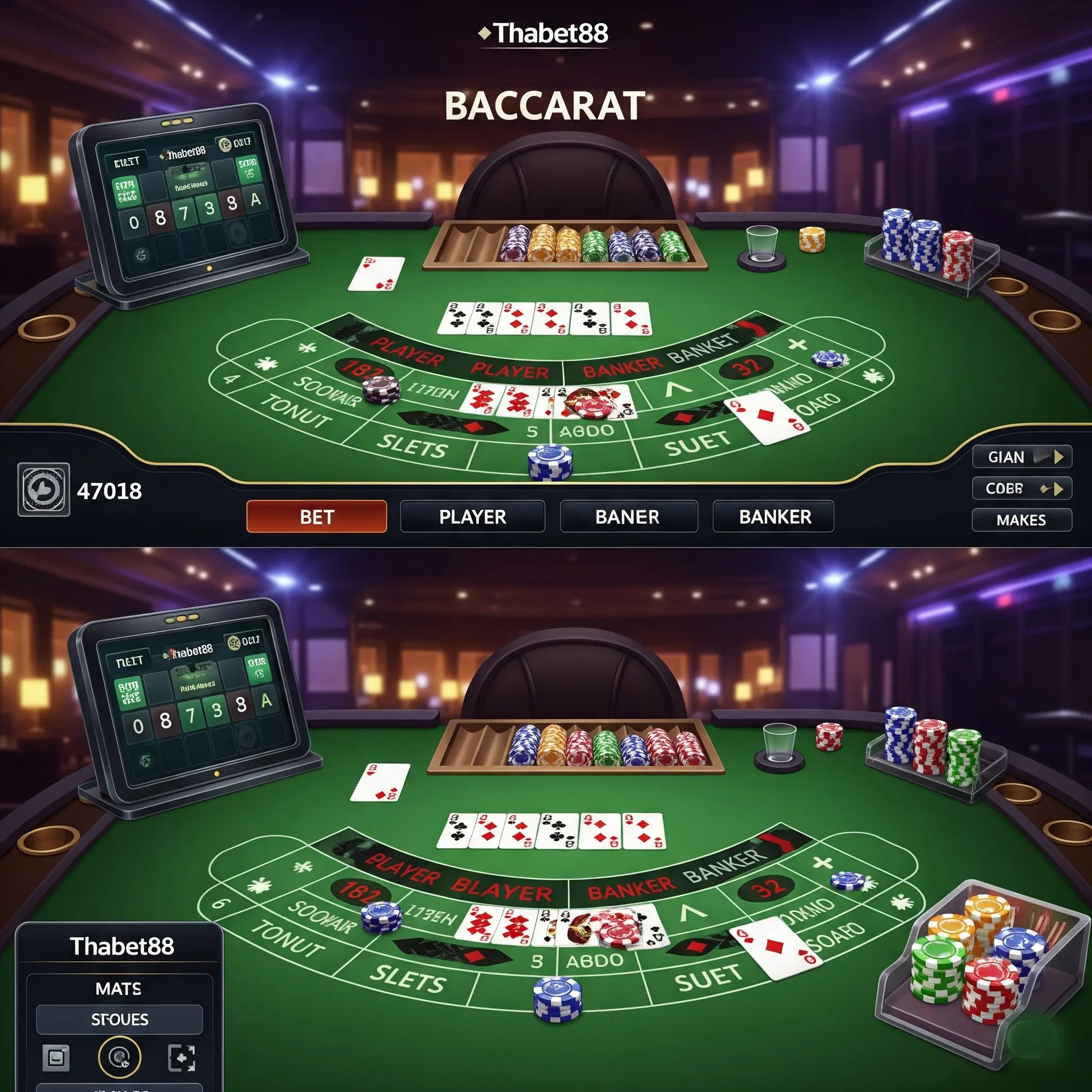 Hình ảnh bàn Baccarat tại Thabet88, một trong những game bài hot nhất.