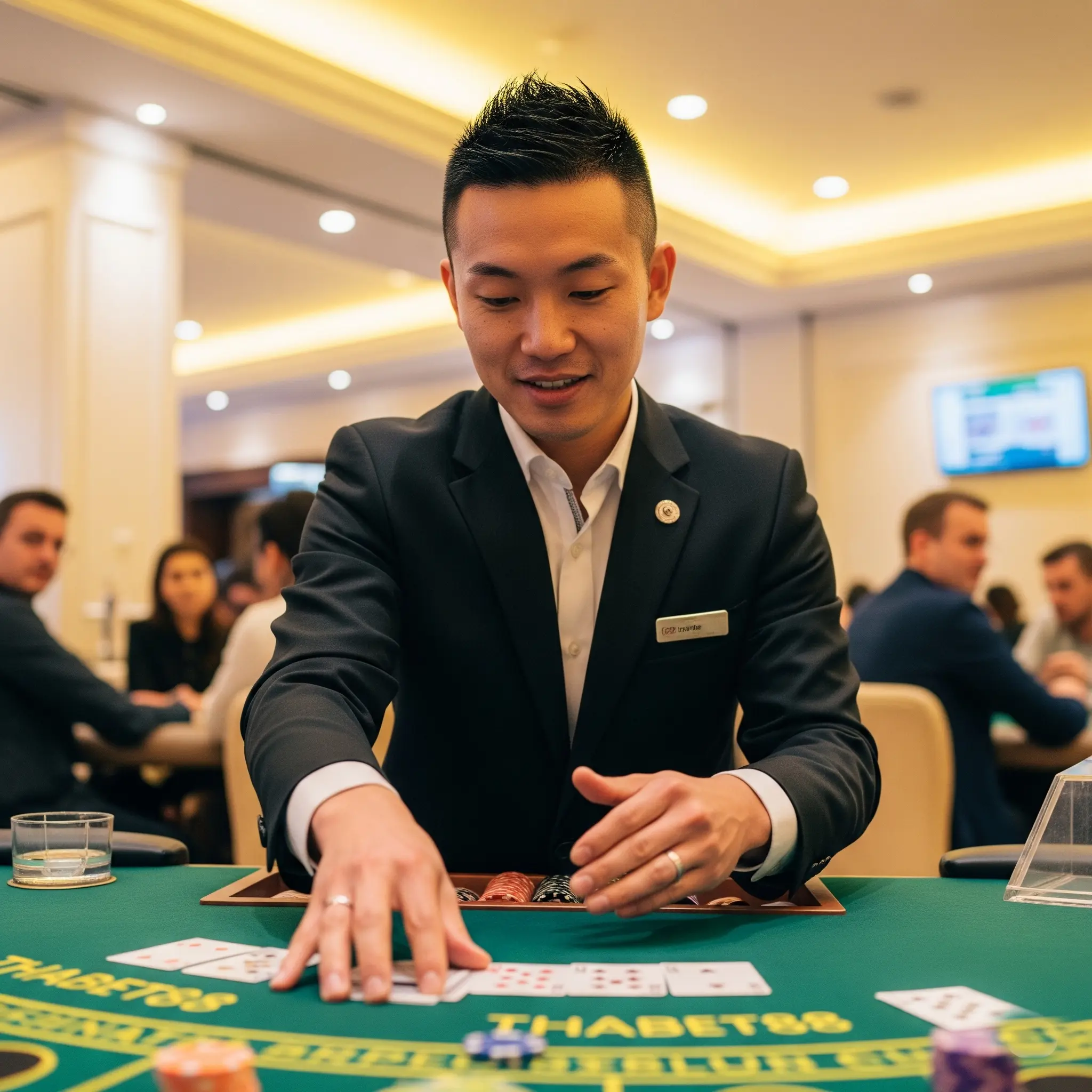 Hình ảnh người chia bài (dealer) trực tiếp tại sảnh Live Casino Thabet88, tạo trải nghiệm chân thực.